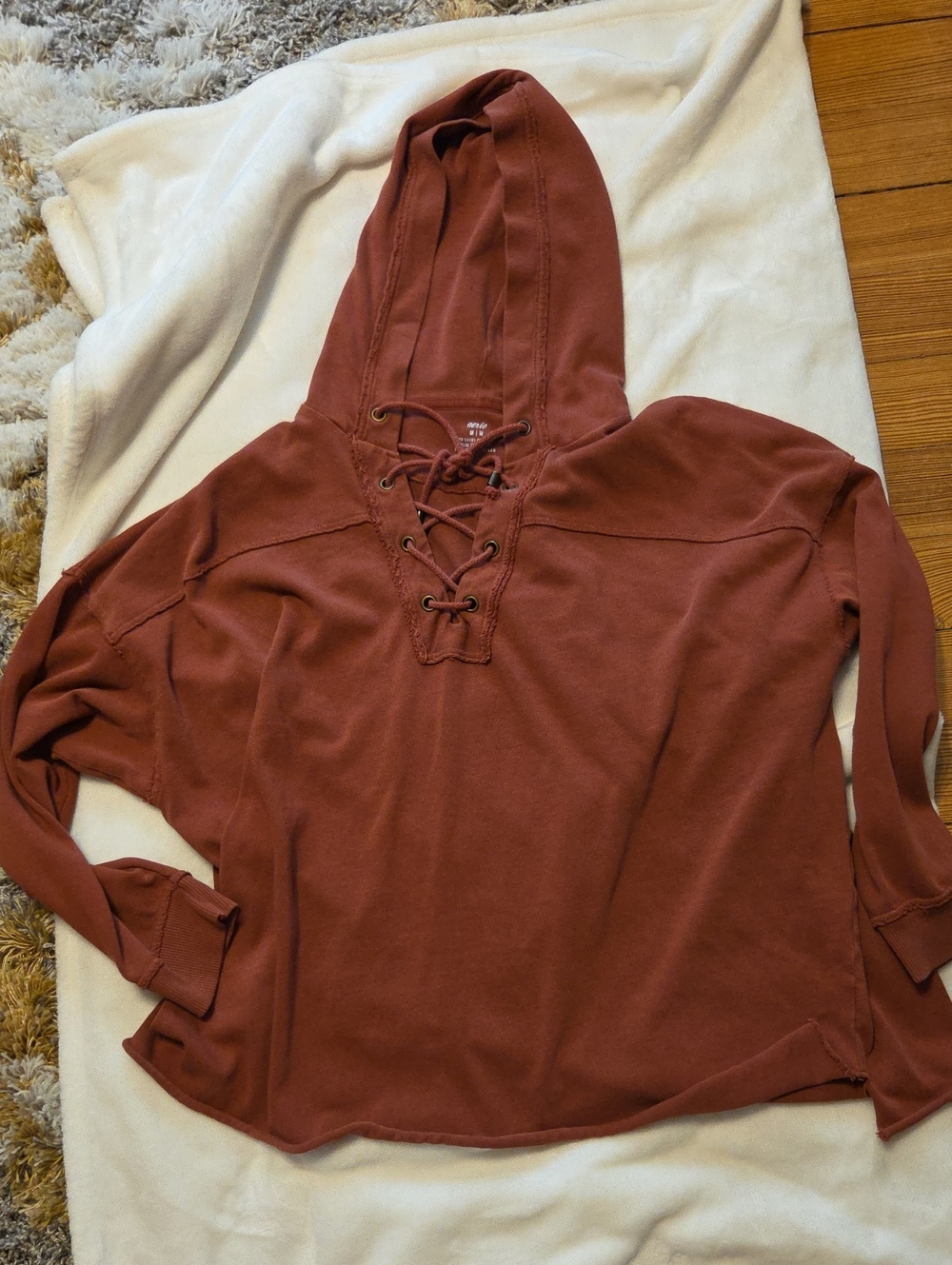 aerie Oversized Lace-Up Hooded Pullover in Rust